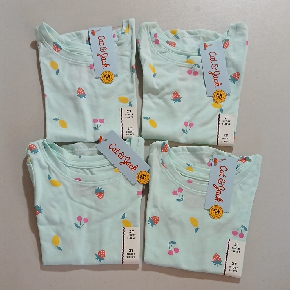 Cat & Jack Girls Set Of 4, 2T, Aqua Fruit Print Short Sleeve T